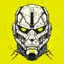 Placeholder: monotone robot face, sci fi, low details, polygonal, black ink, yellow plain background