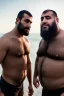 Placeholder: wide angle photography of two arab burly tubby men 51 years old, one man after another to play a trick on him, manly chest, long beard, sunshine, ambient occlusion, 35mm lens , view from the ground