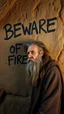 Placeholder: A hand writing On cave wall written “ BEWARE OF FIRE” an old man with bear and king hair died by the cave wall , a dim lighting great quality picture with primitive style