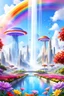 Placeholder: very beautiful, flowers, garden, cité futuriste ultra moderne, ufos rainbow, cascade colorée, dômes