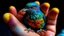 Placeholder: a bird that is sitting on someone's finger, in the style of cute and colorful, mesmerizing optical illusions, alan bean, cute and dreamy, exaggerated features, unearthly, explosive wildlife