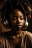 Placeholder: earthy black young woman listening to music with headphones, soul, peace, majestic