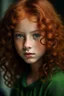 Placeholder: Teen with dark green eyes reddish curly poofy hair small nose