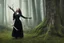 Placeholder: full-height shot of a young witch in a tight black skirt, in a wood, with mist