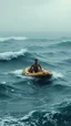 Placeholder: Bosch painting style nightmare , 3D , a man on small rubber boat lost in the ocean in the middle of high tide waves in a storm background, high Quality picture , 8k