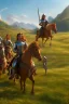 Placeholder: detailed oil painting, renaissance style, of mounted knights galloping across an open field, swords in hand, mountains in distance