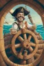 Placeholder: a cheerful sailor sitting on rum barrels aboard a sailing ship at sea, with the ship's steering wheel in the background