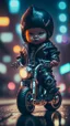 Placeholder: A Sharp Kawaii tiny hyper realistic humanoid baby peakyblinder riding mini harley davidson, wearing bikers clothes with freestyle action, night of cyberpunk city background. wide angle full body, 8k, Cinematography, photorealistic,epic composition Unreal Engine,Cinematic, Color Grading, Portrait Photography,Ultra-Wide Angle, Depth of Field, hyper detailed