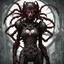 Placeholder: Demonic mechanical creepy aggressive necrophage zombie undead girl with scary red eyes, in a spiky leather and mechanical parts suit with tubes, dark fantasy horror, Filigree, Aesthetically pleasing, Realistic, Professional photo, 4k, hight resolution, higly detailed, 30mm lens, 1/250s, f/2.8, ISO 100