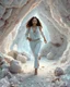 Placeholder: make a picture pretty crystal cave covered with jwells and 3d recursive cubic and sphere base pearls and Gemstone species, a beautiful goddess lady with curvy hair,makeup, in pretty modern today pants and loose shirt with jewels is running inside cave ,dynamic camera fallow her inside cave capturing full body, dynamic lights.