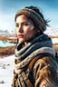 Placeholder: create a young, otherworldly lost Siberian nomadic female huntress with highly detailed, sharply lined and deeply weathered facial features in a desolate tundra steppe landscape , in natural winter tundra colors, 8k,