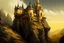 Placeholder: A gothic museum sticking out of a yellow-tan cliff face, fantasy, digital art