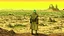 Placeholder: Desert warrior from behind looking at a city on a plateau in the distance, comic style