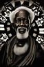 Placeholder: An enlightened old African man with white Beards and bar hair, dark background