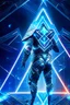 Placeholder: neon blue, floating triangle of light orbiting behind the back, cyber armor, geometric patterns on armor, male, orbiting triangle