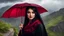 Placeholder: Hyper Realistic Close-Face-View-Of Beautiful Young Happy Pashto Woman With Beautiful-Black-Eyes-&-Black-Hair Wearing Black-Frock & Black-Shawl-With-Maroon-Lace Carrying An Red Umbrella On Mountain-Top With Greenery & Breathtaking Cloudy-Rainy-Weather Showing Dramatic & Cinematic Ambiance.