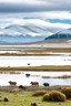 Placeholder: paisaje del sur argentino, con lago, día frio y nevado, incluyendo varios animales autóctonos bien definidos.