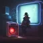 Placeholder: a cyberpunk hacker pirate captain holding a beer with a pirate hat sitting in front of a huge old crt monitor in a dark room , only light coming from crt monitor, highly detailed, intricate, digital art, trending on artstation, trending on cgsociety, by greg rutkowski