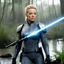 Placeholder: Jeri Ryan as Seven of Nine (born Annika Hansen) is a grey Jedi in fury with her lightsaber in the middle of the battlefield in a swamp during Order 51
