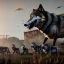 Placeholder: pack wolves zombies decomposition feeding running across the plains hunters carcasses bleeding victims dead animals dawn airship in the distance