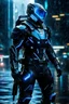 Placeholder: cyberpunk, neon blue, high technology, geometric figures, orbiting figures, high technology suit, cyberpunk suit, black, black and blue, epic, rain, a person in rain, neon blue suit, geometric figures orbiting around suit, exosuit, technological armour, a person wearing technological armour, cyberpunk armour, detailed armour, male, black and blue colored cybersuit, suit details, epic cybersuit, black colored suit, complex suit