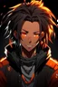 Placeholder: Black Anime male, age 17, short thick dreadlocks doing down past neck length, orange highlights in hair, black hair color, black and orange zip up jacket, deep ember eyes, lean slim muscular body, cybernetic features on face, glowing orange cybernetic features in hair, relaxed smile