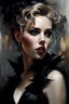 Placeholder: {{Scarlett Johansson}} as a goth queen vampire :: by Gil Elvgren and Alex Ross and Carne Griffithsrolling dice :: dark mysterious esoteric atmosphere :: digital matt painting with rough paint strokes by Jeremy Mann + Carne Griffiths + Leonid Afremov, black canvas
