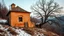 Placeholder: a lonely old adobe hut with worn adobe wall and a small window, a crumbling roof, an old chimney stands on a hill, next to it is a small woodshed by the wall, and an old withered tree leans over the hut, the hut stands on the edge of a European forest, winter, snowy landscape, low light, dawn, high detailed, sharp focus, high realistic, perfect photo