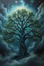 Placeholder: The tree in another dimension surrounded with stars and galaxies and clouds and fogs, Busch painting nightmare style , 3D , scary, magical, mysterious