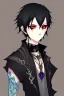 Placeholder: black haired young man necromancer wizard with gothic jewelry in the style of anime