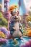 Placeholder: plexi glass tower, portrait cute fluffy toy wolly squirrel mind flawyer in a water slide holding weird flowers in his trunk in the style of pixar, on a strange planet with weird colors and wind turbines, bokeh like f/0.8, tilt-shift lens 8k, high detail, smooth render, down-light, unreal engine, prize winning