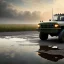 Placeholder: hyperrealistic shot, muddy military toy truck, monotone color palette, sharp focus, puddle reflection, tire water splash, refraction, mist on the horizon, shadowcast, detailed and intricate, cinematic composition, micro, tilt shift photography