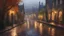 Placeholder: A rain-soaked cobbled street, in a picturesque сity, lights in the windows, trees, subdued light, meticulously detailed, hyperrealistic. Good depth of field like f/32, distant mist, elegant fantasy atmosphere, mood picturesque rain sunset village, intricate very attractive, evening time, late autumn, wet brush effect, intricate painting by Guido Borelli da Caluso, Ferdinand Knab, Ernst Haeck