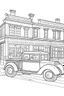 Placeholder: Outline art for coloring page OF A 1943 PULL TOY IN THE UNITED STATES IN FRONT OF A STORE, coloring page, white background, Sketch style, only use outline, clean line art, white background, no shadows, no shading, no color, clear