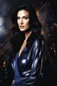 Placeholder: real life - professional 35mm photograph, Pitch black background - multicolor splatter painting - 30-year-old Lynda Carter/Gal Gadot/Megan Gale/Demi Moore/Jennifer Connelly, who resembles Spock, with long, straight black hair, deep cobalt blue eyes, wearing a long-sleeved, blue, slit, mini dress with a plunging neckline and a star trek upside down V-shaped communicator badge on the left side of the chest -4k, 8k, 16k, 32k, 1080p, UHD, hyper realistic, photorealistic, lifelike, realistic,