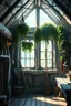 Placeholder: fantasy a style Final Fantasy, photorealistic image of an light interior of a spacious witch's house, bunches of herbs hanging, a broom at the window