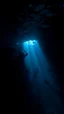 Placeholder: Underwater scene: the dark depths of the ocean, among which the silhouettes of creatures personifying fears are visible. The light barely penetrates from above, creating sharp contrasts.