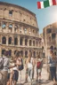 Placeholder: Imparare l'italiano. Gli studenti imparano la lingua, mentre dietro sullo sfondo l'alfabeto italiano. Il Colosseo e la bandiera italiana.