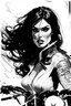 Placeholder: a drawing of a woman on a motorcycle, inspired by Raymond Swanland, gothic art, alexi zaitsev, as a panel of a marvel comic, yennefer, with a white, oil painted, dio brando, leathery, still of megan fox, proud serious expression, artwork in the style of guweiz, white paint, dark sienna and white