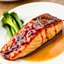 Placeholder: full view of Teriyaki Salmon fillet, glazed with a shiny teriyaki sauce and served with steamed vegetables.