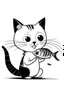 Placeholder: cartoon cat eating a fish. simple thin crisp lines. kids. black and white