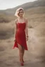 Placeholder: high resolution, very detailed, a portrait of a gorgeous young fit blonde woman stands in a glamorous model pose. short hair with sides shaved, hazel eyes, subtle freckle. she's wearing a one-piece red cloth tube dress. Her hands rest gently on her hips. She wears red high heels with straps across her ankles. She stands in the middle of a deserted country road that vanishes into the distant horizon