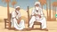 Placeholder: Old man, Arab, turban, white clothes, cattle, desert, council, sun, palm trees, mud houses, holding a stick, looking forward, a very slight smile.cartoon,Sitting on a chair,long beard,Mouth slightly open