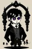 Placeholder: black haired black eyed young man necromancer goth hobbit with gothic jewelry and pet black rat in the style of Charles Addams