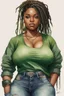 Placeholder: Create a watercolor image of a curvy black female wearing tight cut up jeans and a green tshirt with timberland boots. Prominent make up with hazel eyes. Highly detail dread locs