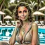 Placeholder: portrait photography, upper body, shot by Canon EOS 5D, outdoor, 25 years old Brazilian lady Ambrosso Sanchez, sitting near the pool, wearing bikini, she has modern style, looks very sad, sunday ambient, high quality, aged face details,sad, intricate details,perfectly correct human anatomy