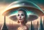 Placeholder: beautiful woman in flying saucer with clear dome top over future alien city
