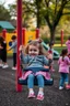 Placeholder: a 40 year old dad in the playground with his young 3 year old daughter playing on the swing but the dad is distracted by all the other kids curvy mums . there are many kids playing on the playground