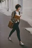 Placeholder: color photo of a student girl 22 years old ,short hair with her books in her hand walking in street,next to trees.