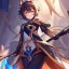 Placeholder: potrait of genshin in genshin ((genshin)) ((genshin ingame outfit)) wearing a short skirt, black short hair, orange eyes, wearing a fantasy outfit